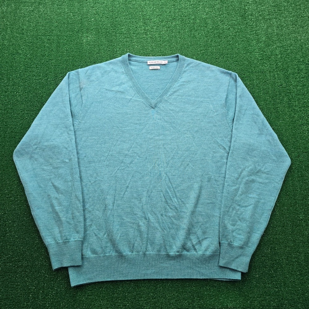 Peter‎ Millar Sweater Mens Large Green Teal V-Neck Knit Merino Wool Pullover